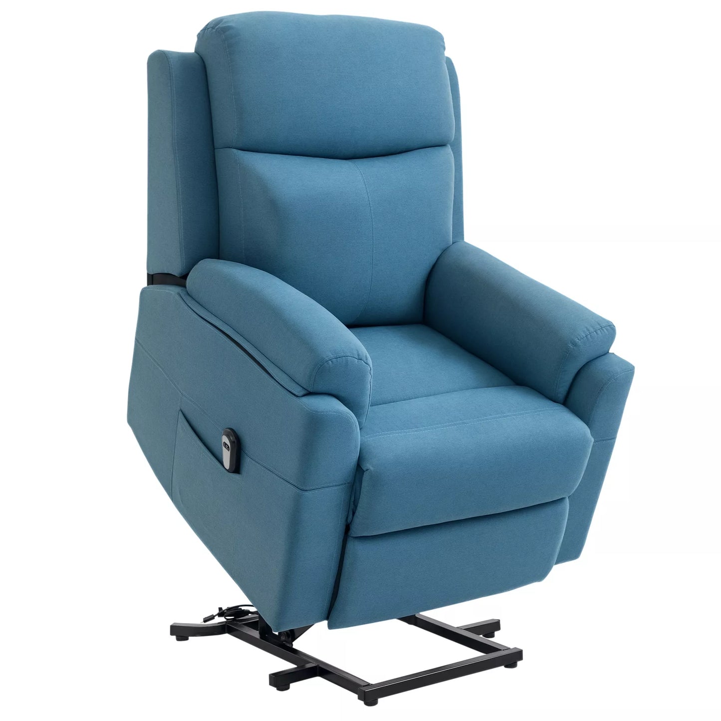 Elektrinis TV fotelis su pakėlimo funkcija, relaksacinis krėslas su gulėjimo funkcija, TV fotelis su distanciniu pulteliu, šonine kišenė, kišeninių spyruoklių sistema, lininės išvaizdos, mėlynos spalvos