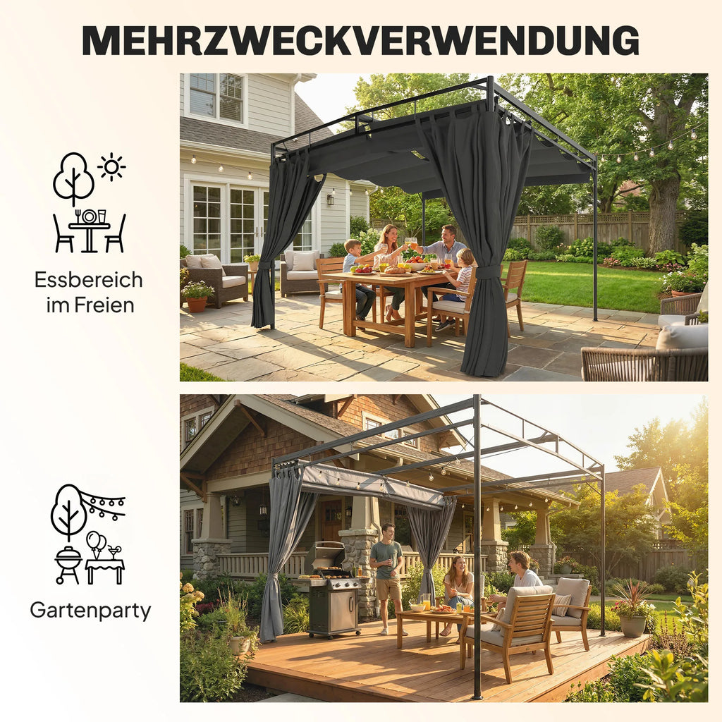Pergola vakare su uždarytomis užuolaidomis