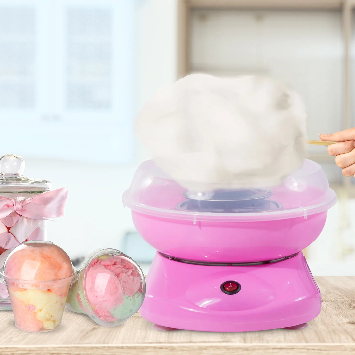 Cukraus vatos aparatas namams su lazdelėmis ir matavimo šaukšteliu, 550 W, aukštis 18 cm, rožinis