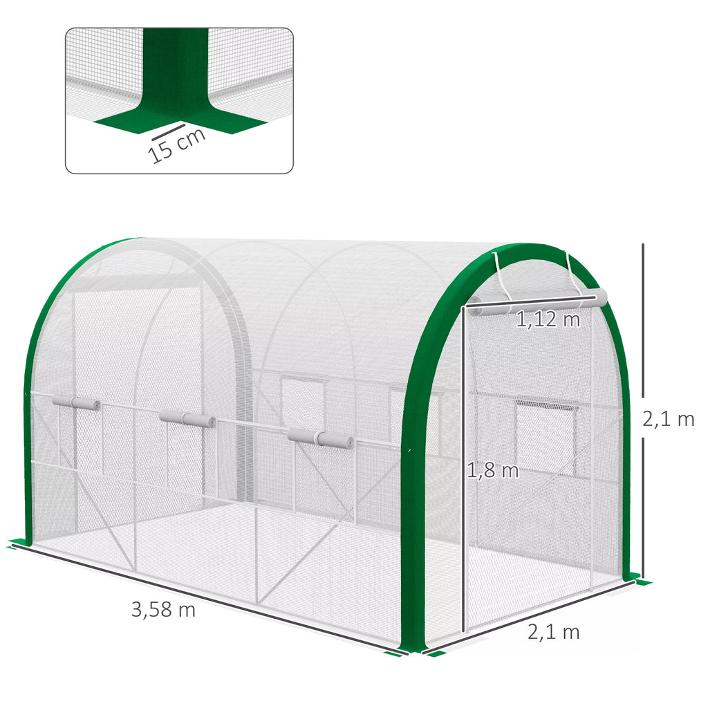 Tunelinis šiltnamis, šiltnamis, užtrauktukinės durys, tinkliniai langai, metalinis rėmas, 3,5 x 2 x 2 m, baltas