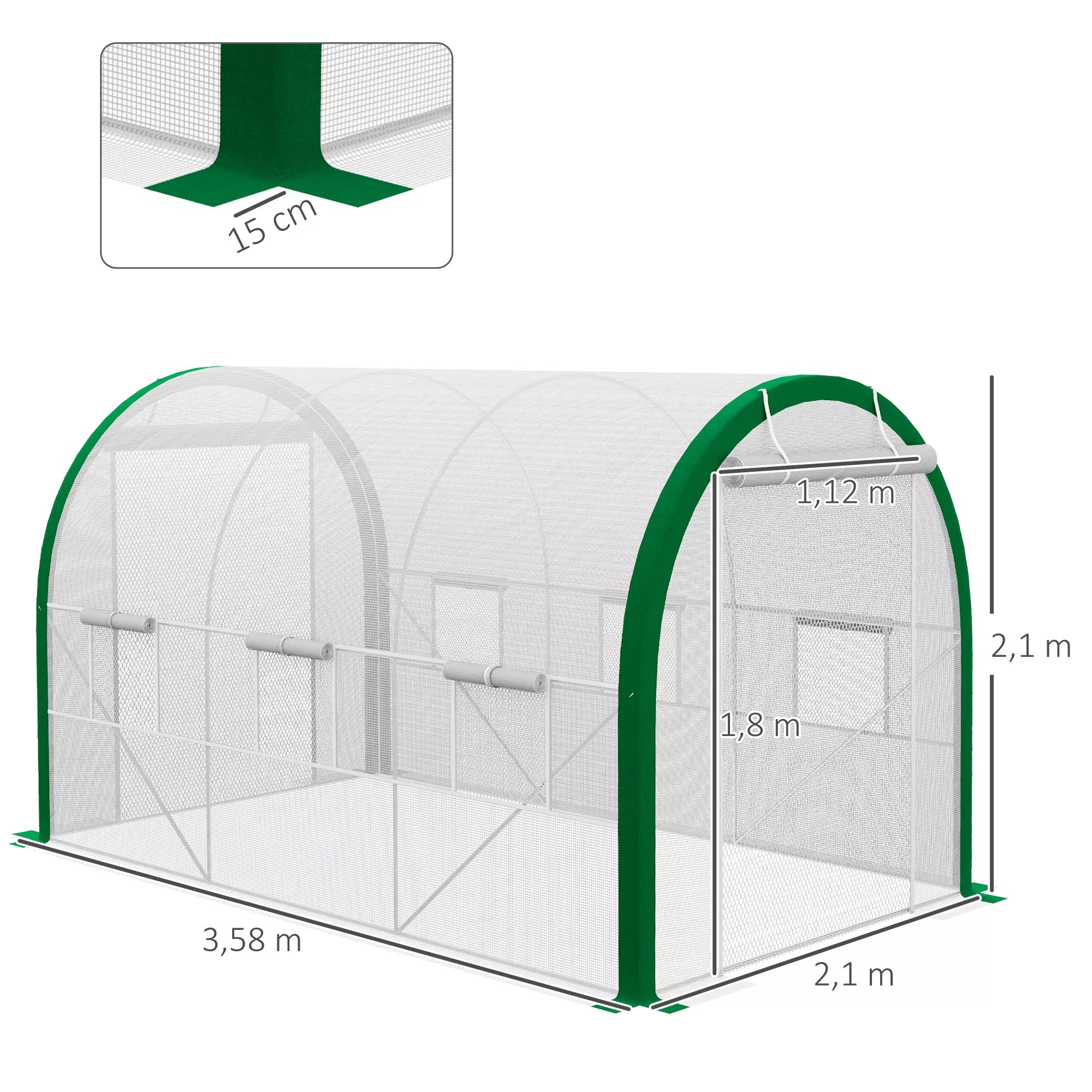 Tunelinis šiltnamis, šiltnamis, užtrauktukinės durys, tinkliniai langai, metalinis rėmas, 3,5 x 2 x 2 m, baltas