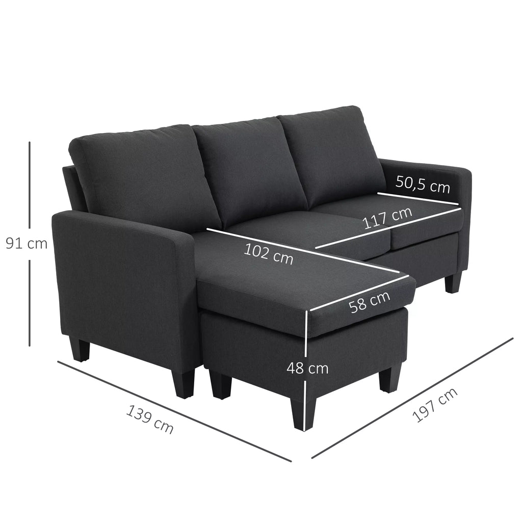 Kampas sekcija, 3 vietų sofa su pagalvėlėmis, kampinė sofa, L formos sofa svetainei, miegamajam 197 x 139 x 91 cm, linas, tamsiai pilka