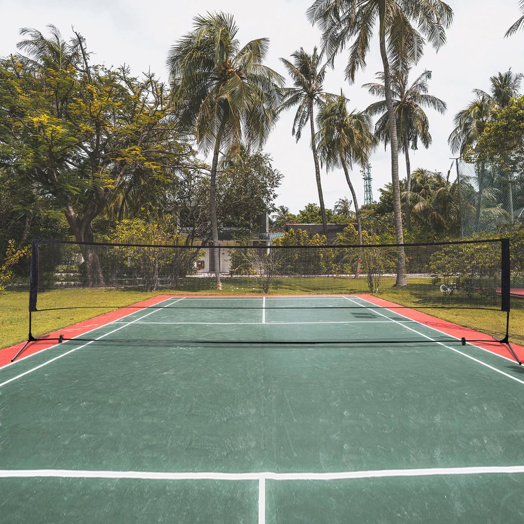Badmintono tinklas lauko aikštelėje prie palmių