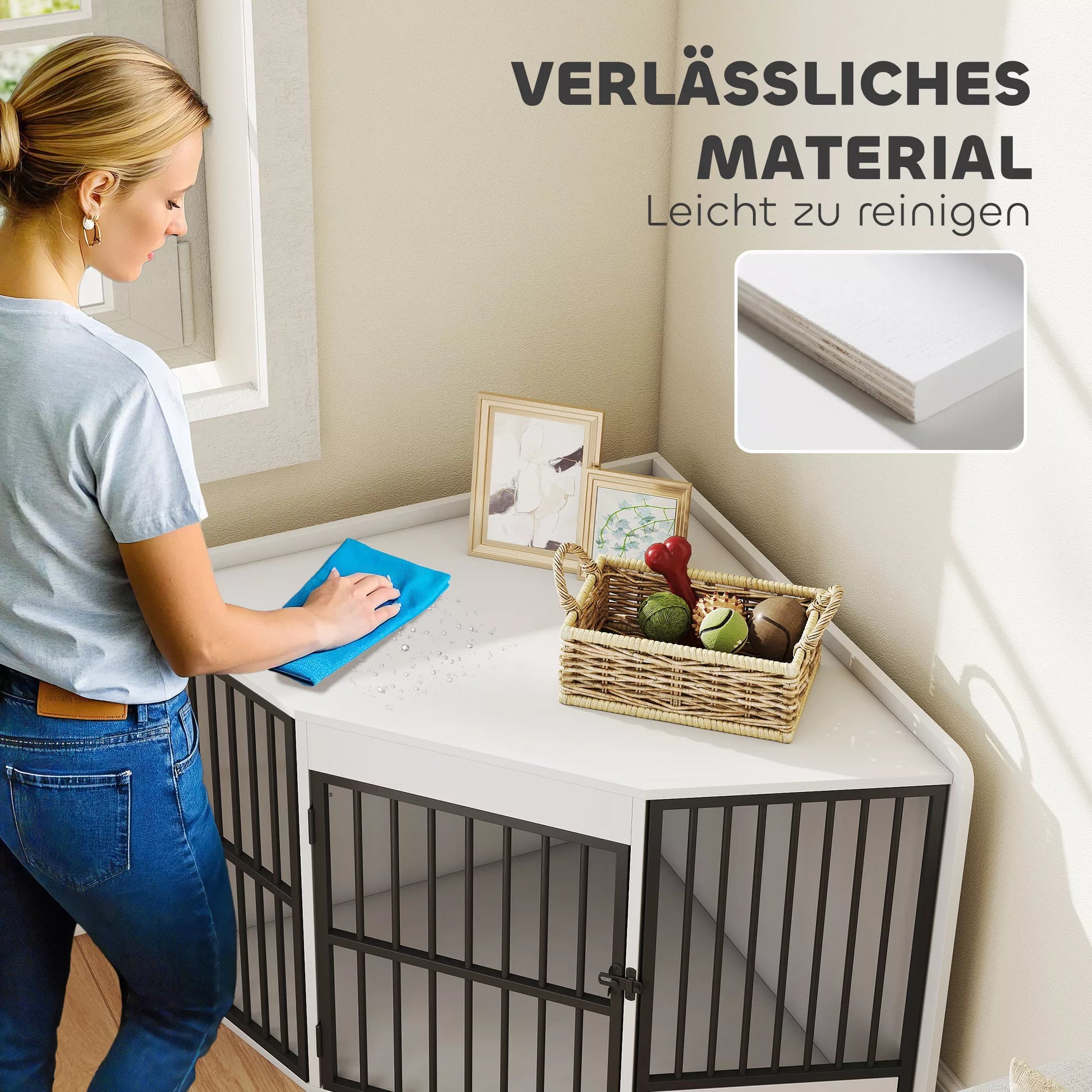 Šunų narvas, narvas mažų ir vidutinių šunų laikymui, naminių gyvūnų narvas, šėrimo durelės, MDF, metalas, baltas