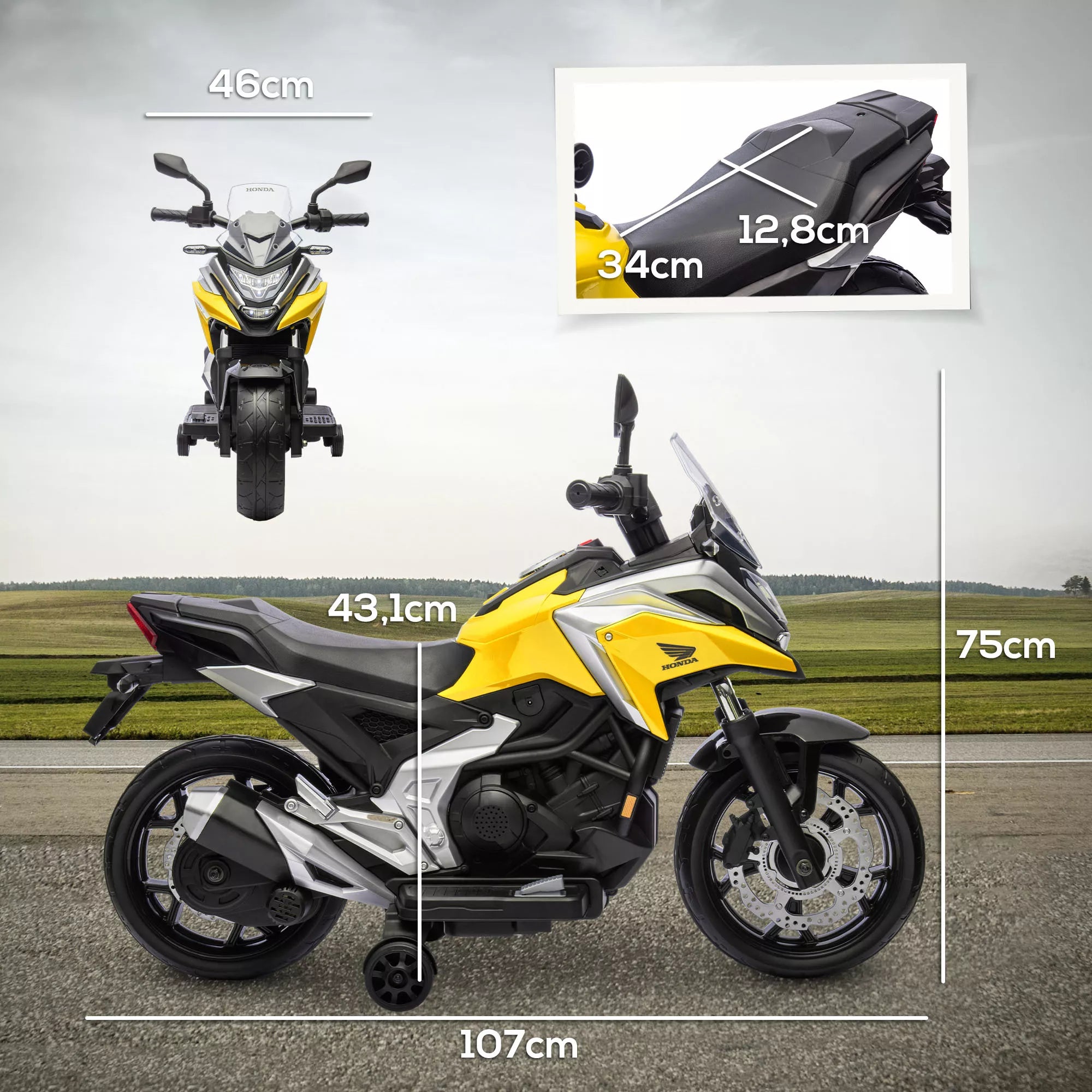 Vaikiškas elektrinis motociklas Honda, 3-6 metų vaikams, geltonas 3 km/h