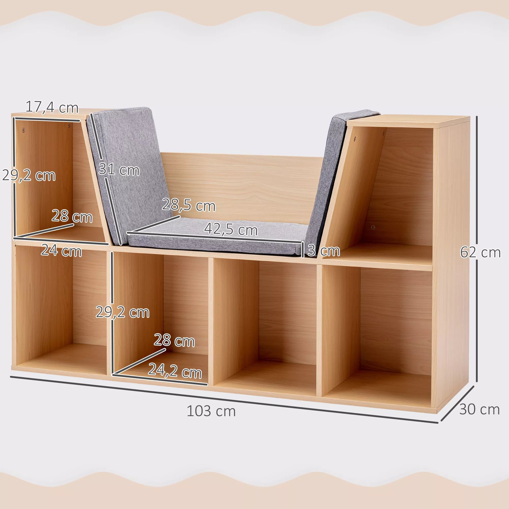 2-in-1 vaikų lentynos lentynos + suoliukas su pagalvėlėmis 103 cm × 30 cm × 62 cm Balta + Pilka
