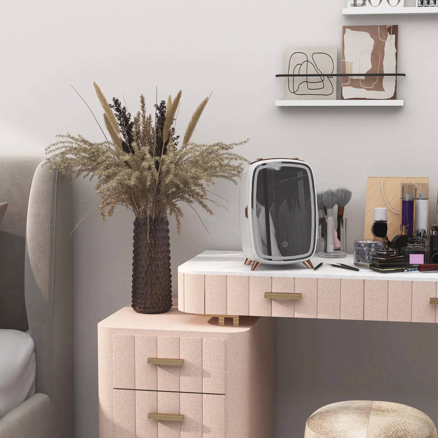 Nešiojamas mini šaldytuvas kosmetikai, gėrimams ir užkandžiams, su apšviečiamu veidrodžiu, tylus veikimas, 6L, baltas