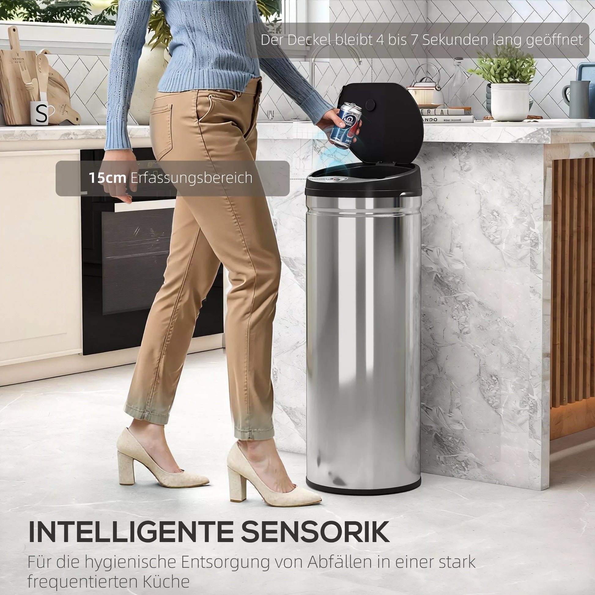 50 litrų talpos šiukšliadėžė su jutikliu ir „Soft-Close“ funkcija, neliestinė nerūdijančio plieno šiukšliadėžė higieniškoms virtuvėms, biurams, sidabrinės spalvos