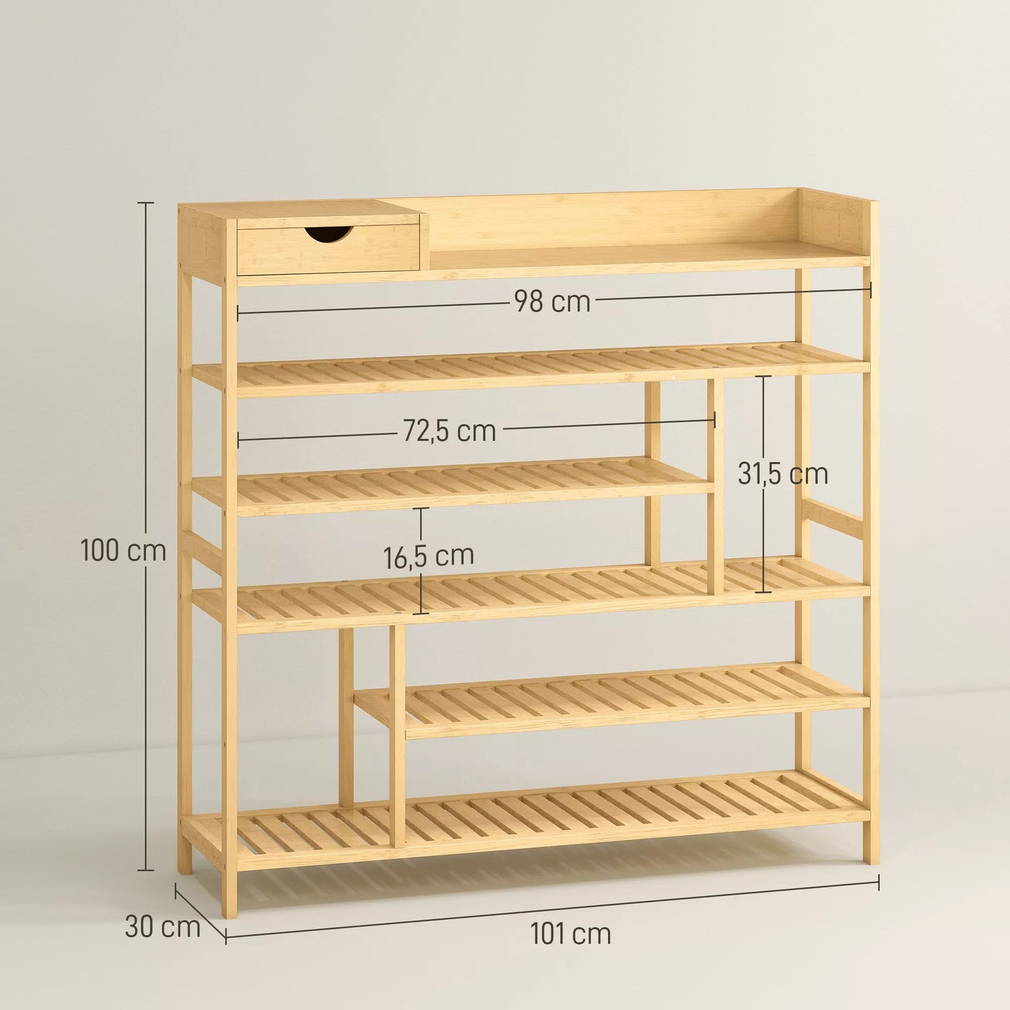 Batų lentyna su 6 pakopomis, bambukinis stalčius, talpa max. 18 porų batų, batų laikiklis prieškambariui, miegamajam, 101 x 30 x 100 cm, natūralus