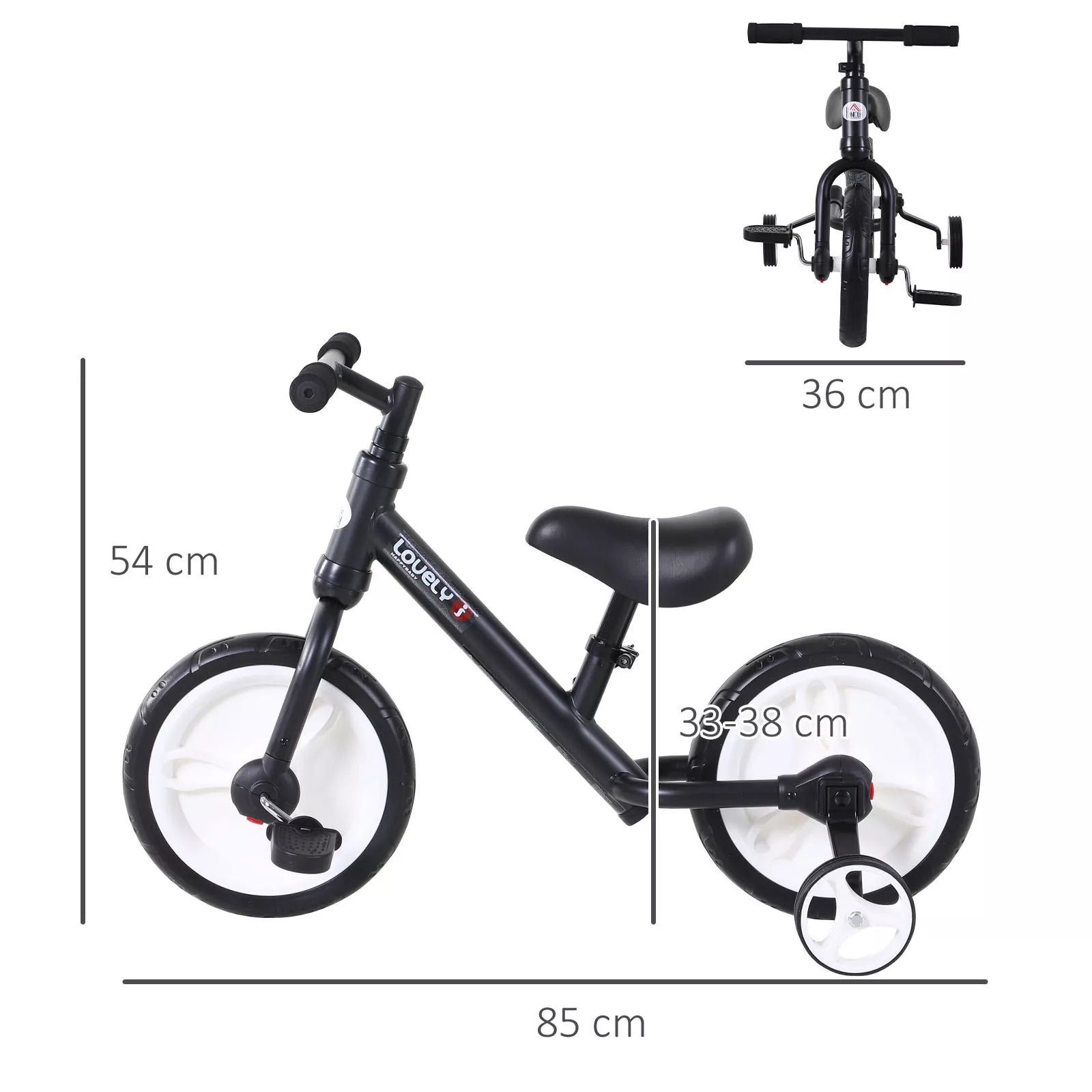 Schema su dviračio matmenimis: ilgis 85 cm, aukštis 54 cm, sėdynė 33–38 cm