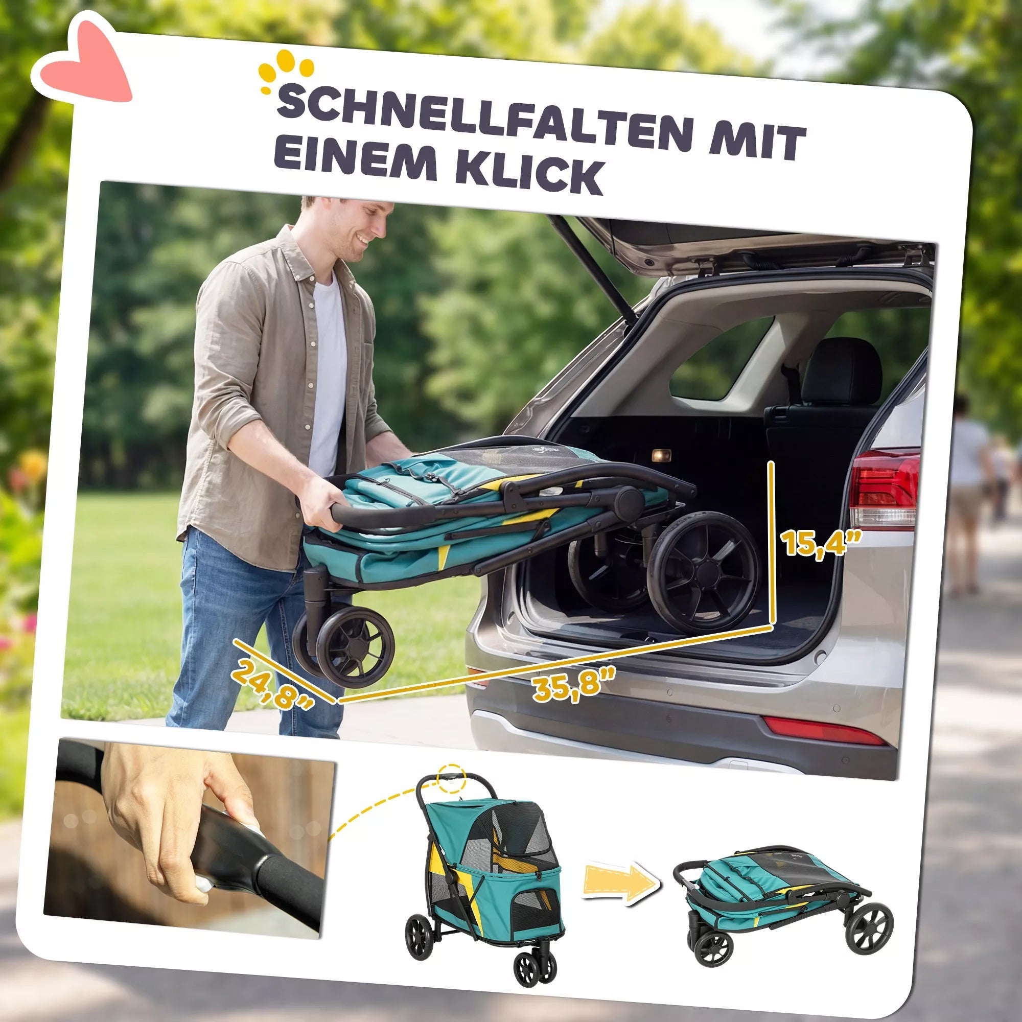 Sulenkiamas šunų vežimėlis iki 20 kg su pagalvėlėmis, tinkliniais langais, nugaros kišenėmis, 92 x 63 x 95 cm, tamsiai žalios spalvos