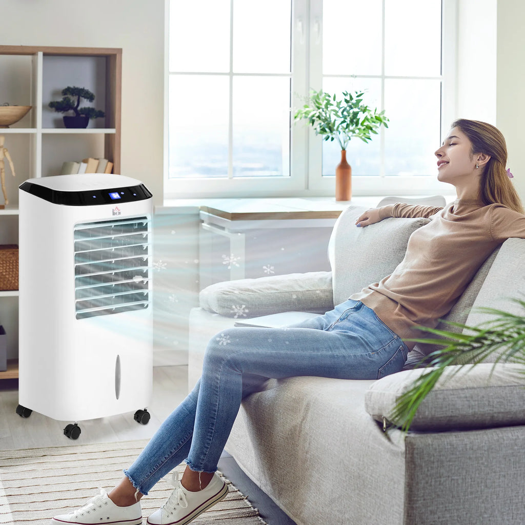 10L 4 in 1 mobilus oro kondicionierius su oro drėkinimu, vandens aušinimu, oro aušintuvu, 8 val. laikmačiu, nuotolinio valdymo pultu, naudojimo plotas 20 m², 60 W, ABS, balta + juoda, 38,2 x 31,6 x 76 cm