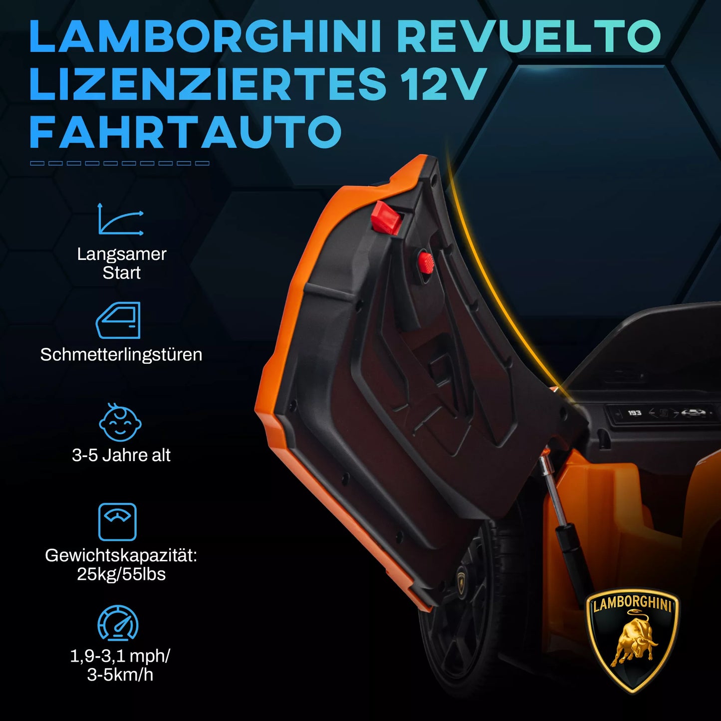 Oranžinis elektrinis automobilis vaikams nuo 3-5 metų, švelnus variklis, valdomas nuotoliniu būdu, su garso signalu, plastikas ir metalas.