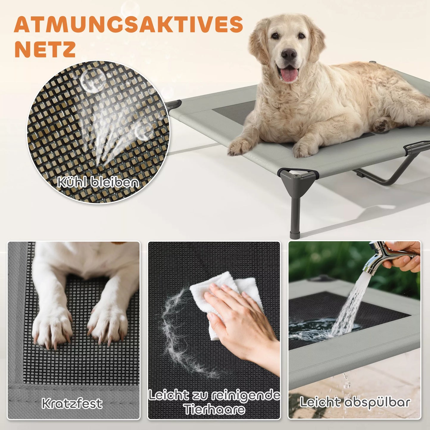 Lauko šunų gultas su stogeliu, paaukštinta šunų lova dideliems šunims, 91 x 76 x 90 cm, šviesiai pilka