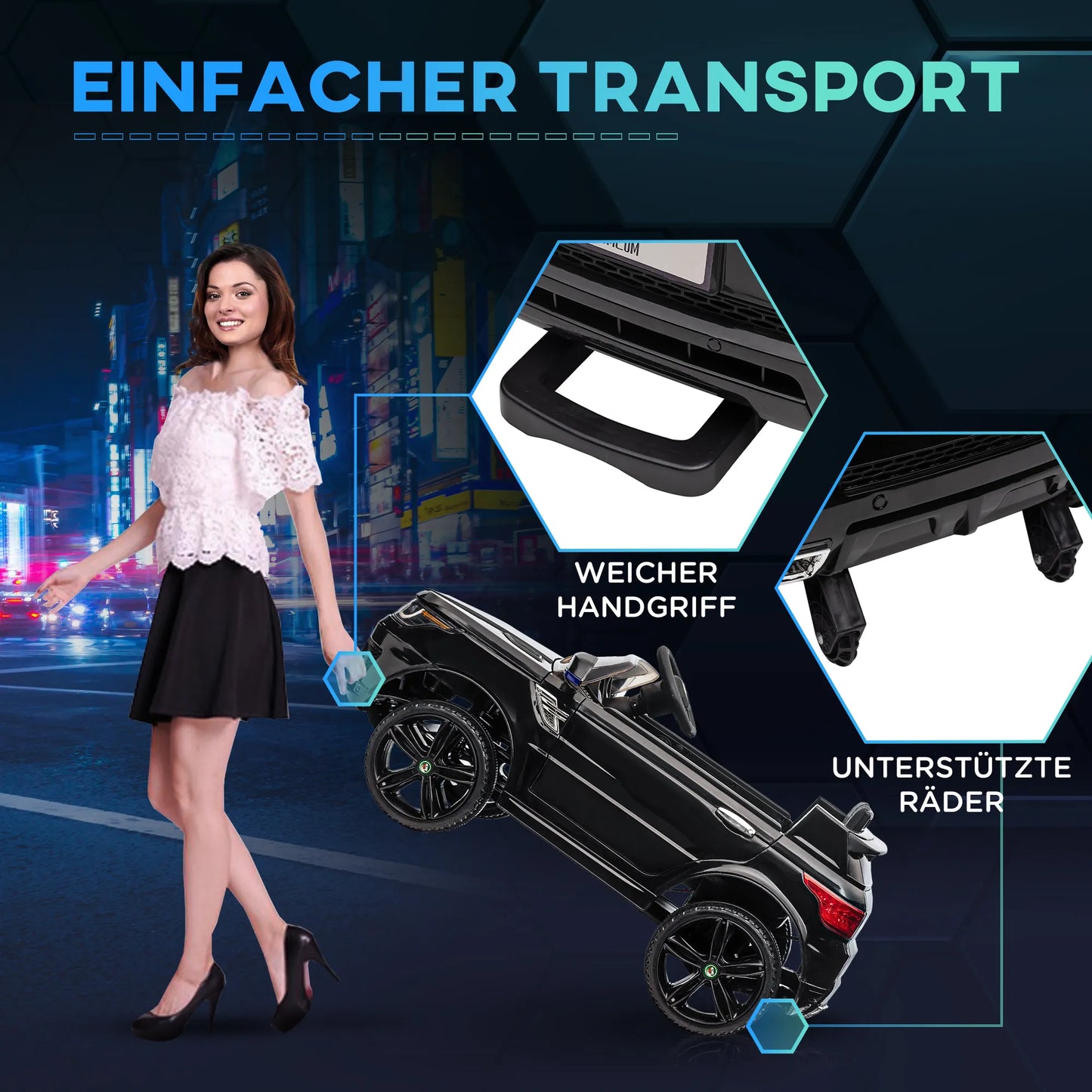 Vaikeliškas elektrinis SUV automobilis, iki 5 km/h, su saugos diržu, nuotolinio valdymo pulteliu, priekiniais žibintais, muzikos funkcija, juodas