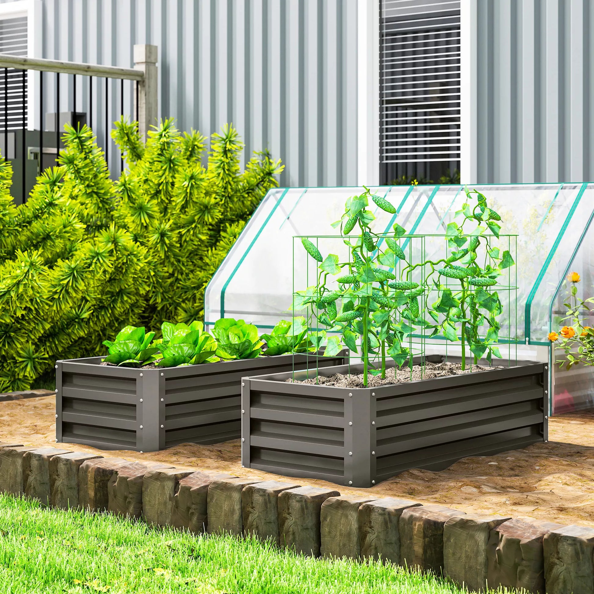 Pašildyta lysvė metalinė 2 vnt. rinkinys, atviras dugnas, sodui, balkonui, 110x50x30cm, tamsiai pilka