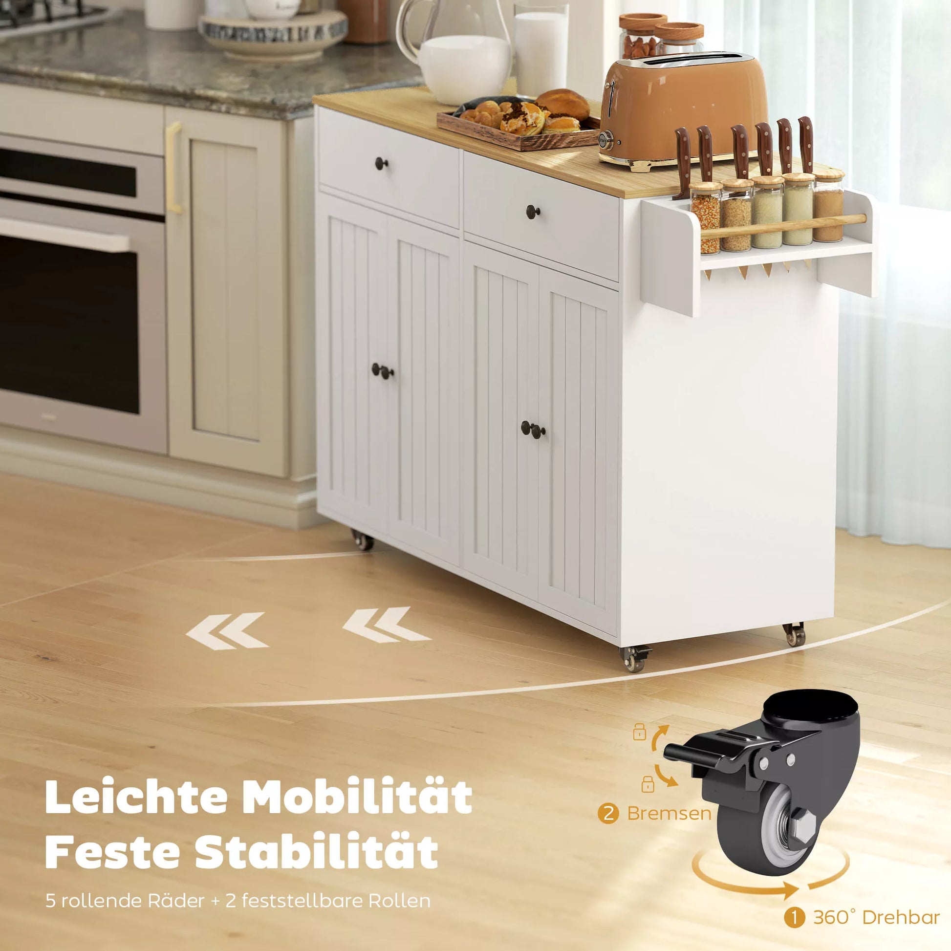 Ratinė virtuvės sala, 2 stalčiai, 2 spintelės, stumdomos, prieskonių lentynėlė, rankšluosčių laikiklis, peilių laikiklis, MDF, balta