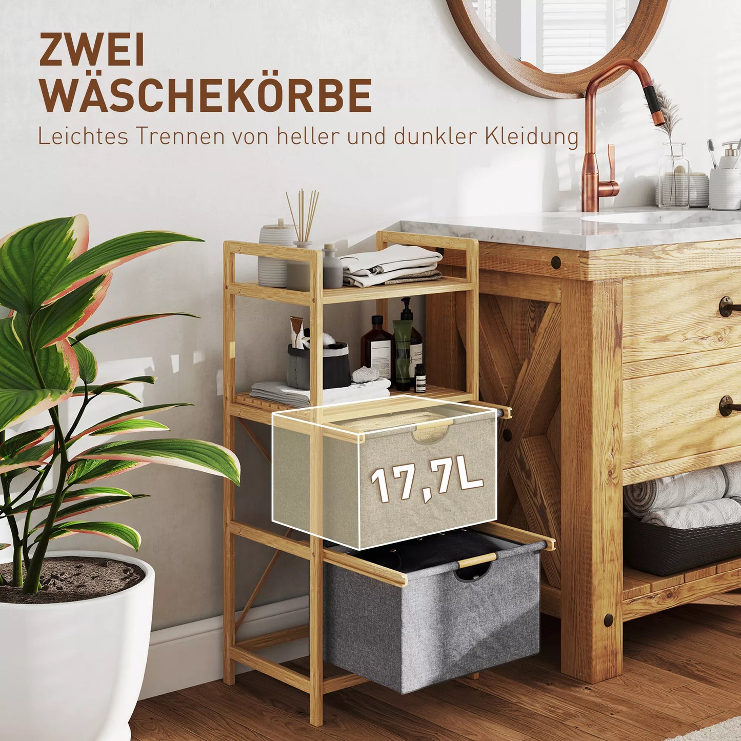 Bambukinis skalbinių stovas su 2 audinių krepšiais, atviromis lentynomis, vietą taupantis, natūralaus medžio