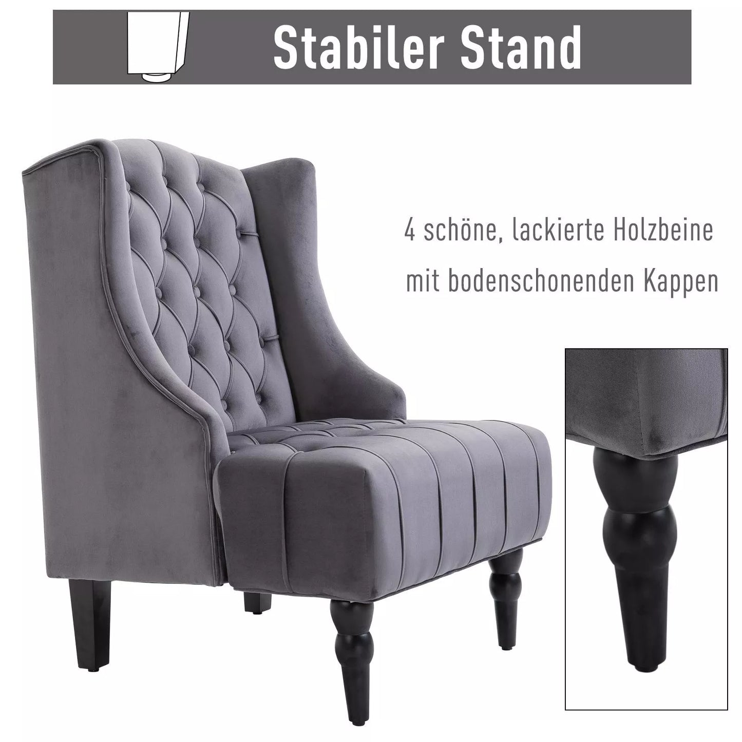 Vienvietis fotelis, "ausytės" tipo fotelis, relaksinis fotelis su dygsniavimu, paaukštintomis kojelėmis, pilkos spalvos aksominis audinys, 67 x 70,5 x 97 cm