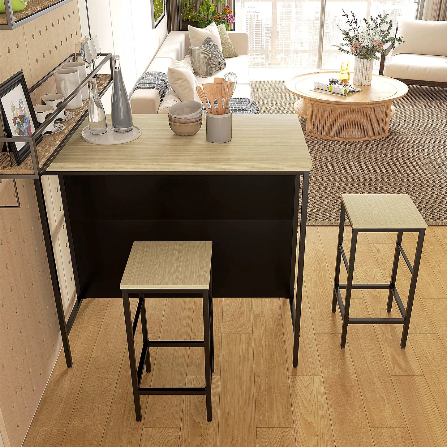 Baras, 2 baro kėdės ir 1 baro stalas, atsparus dėmėms, stabilus, plieninis rėmas, juodas/ąžuolas