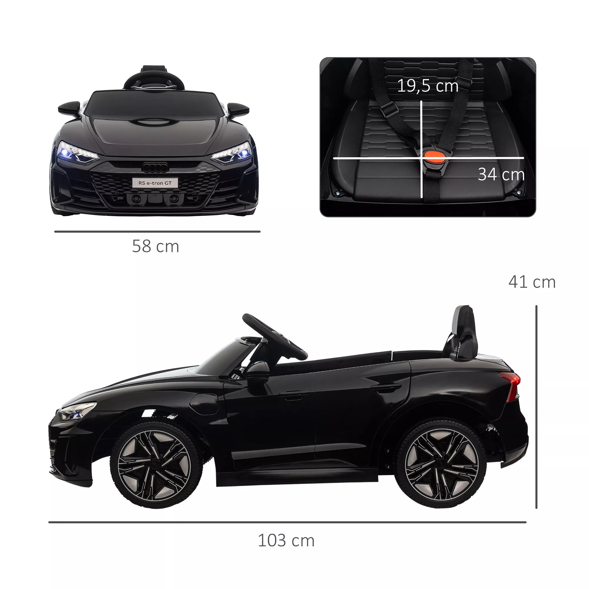 Vaikiškas automobilis, elektrinis automobilis, „Audi“ licencijuotas, su saugos diržu, nuotolinio valdymo pultu, apšvietimu, juodos spalvos, 103 x 58 x 41 cm