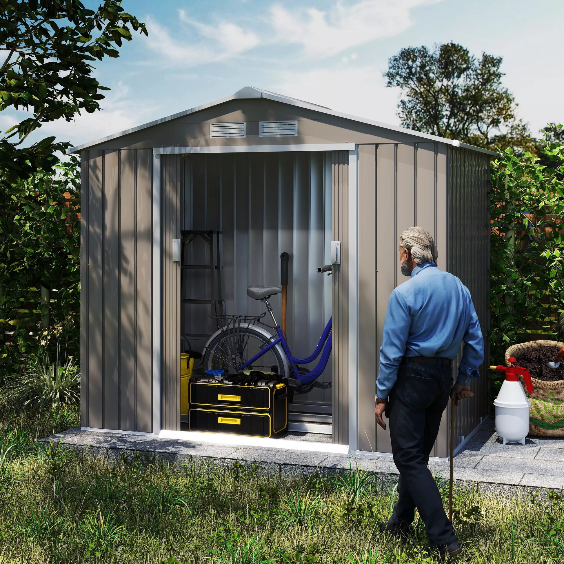 Sodo namelis su stumdomomis durimis 2,13 x 1,30 x 1,85cm Metalo Pilka