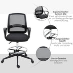 Infografika: juoda biuro kėdė su ergonomiška lino sėdyne ir tinklelio nugarėle