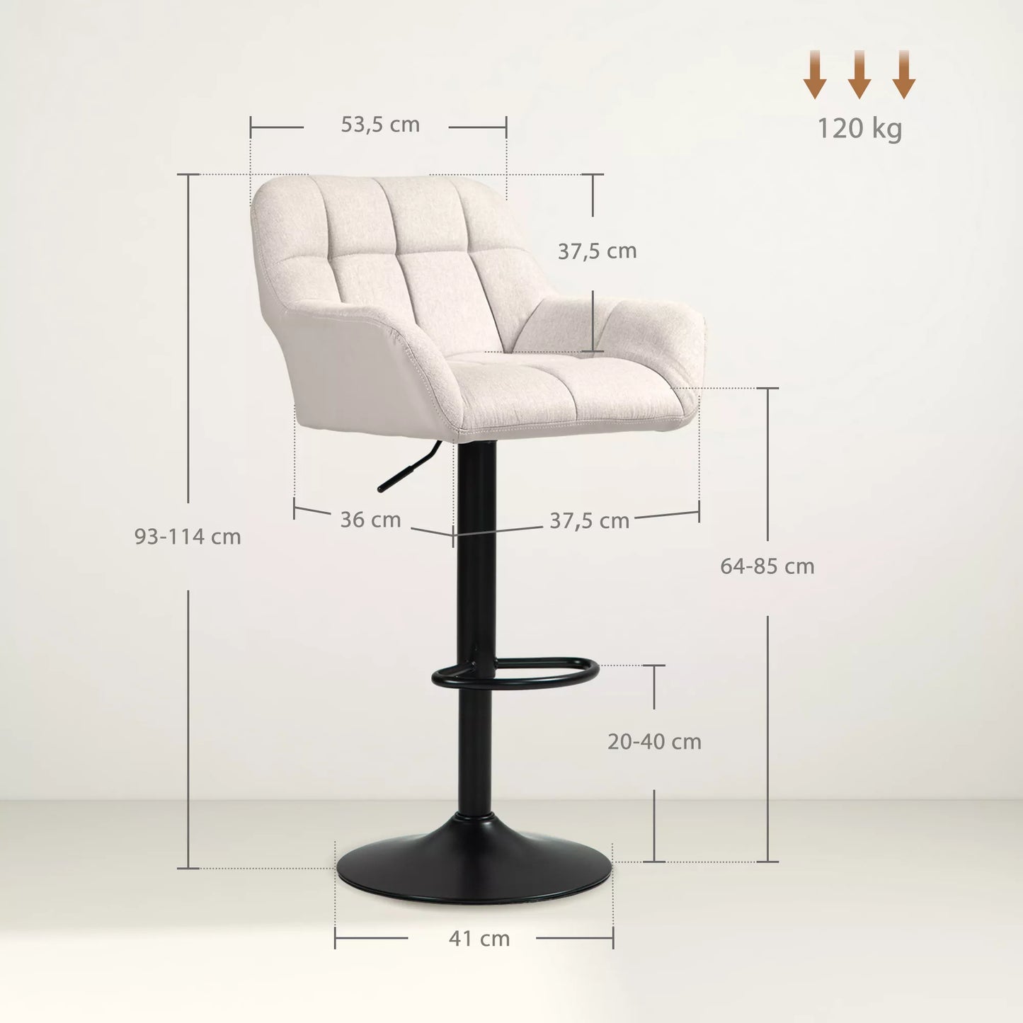 Baro taburetės 2 vnt. komplektas, retro dizaino, reguliuojamo aukščio, dirbtinė oda, lino imitacija, kreminė + juoda