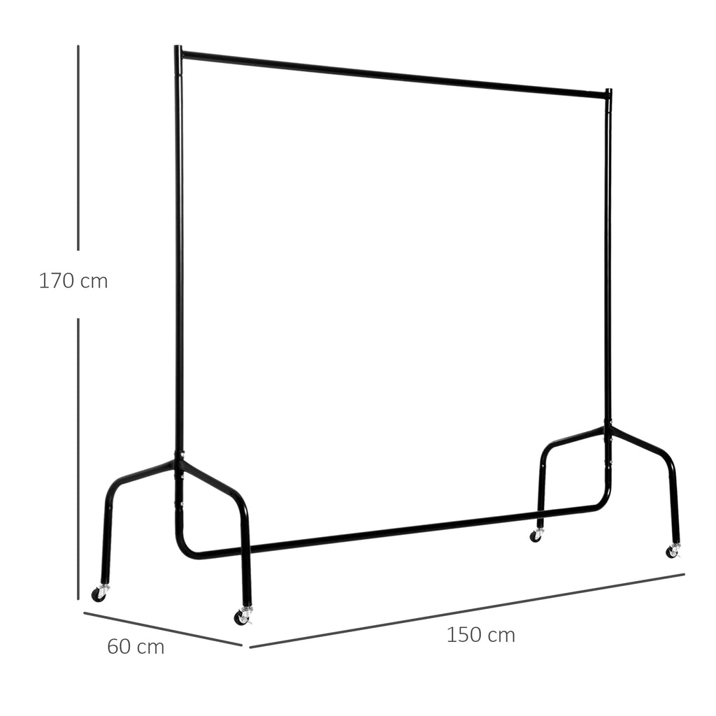 Drabužių stovo matmenų schema: 170 cm aukštis, 150 cm plotis, 60 cm gylis