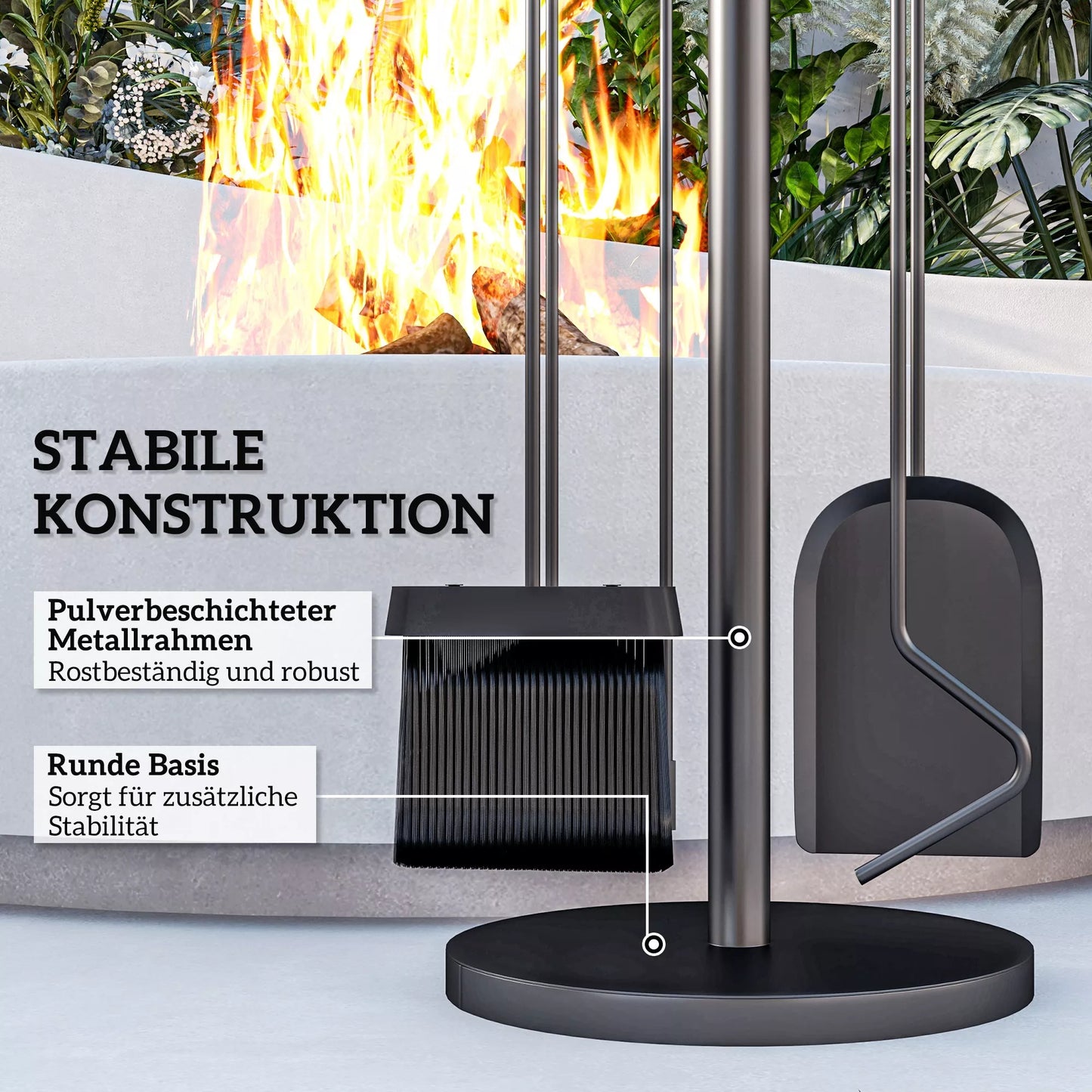 Židinio įrankių rinkinys, 5 dalių, šepetys, kastuvas, žnyplės, angliaraktis ir stovas, ugniai atsparus metalas, juodas