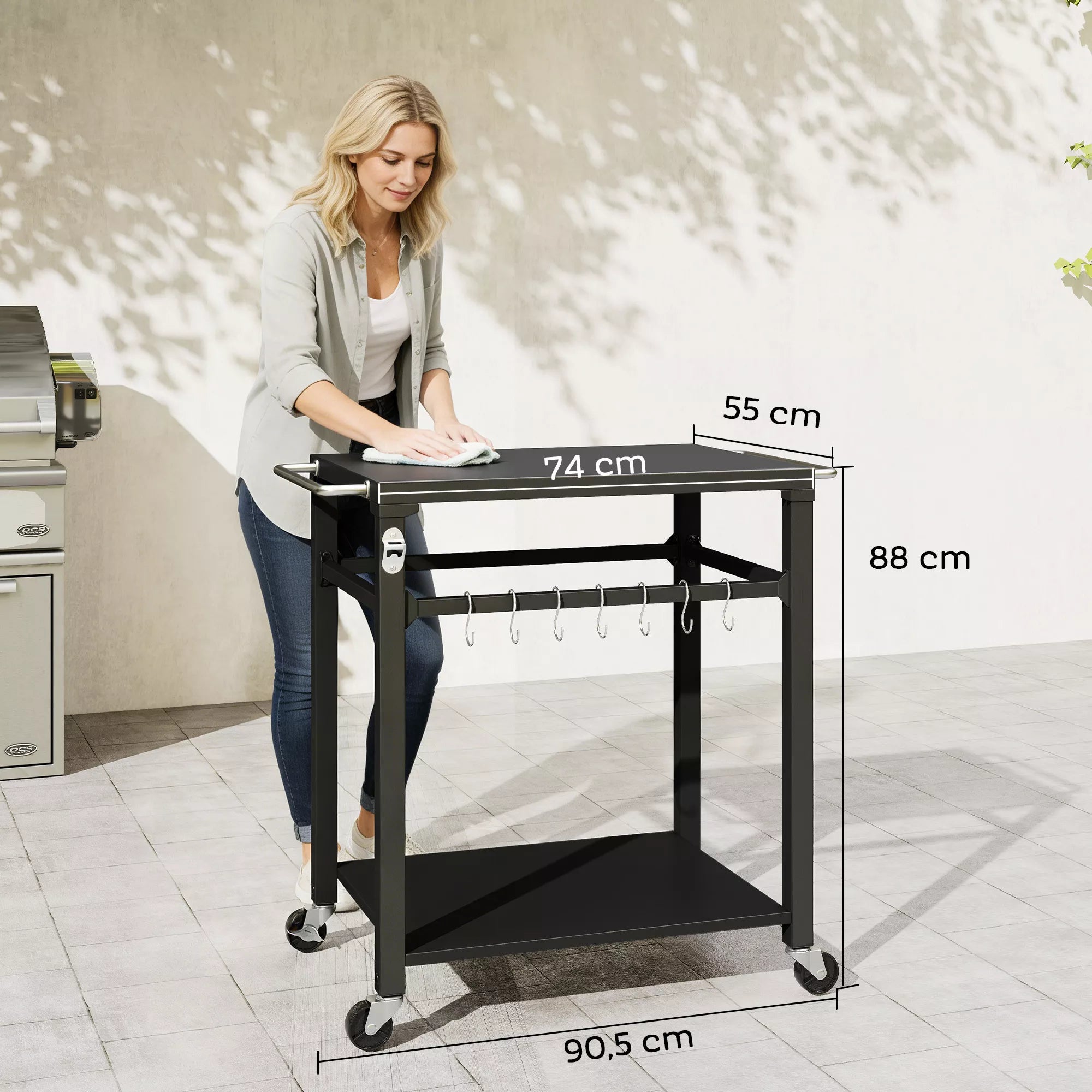 Lauko grilio vežimėlis, picų krosnelė su metaliniu paviršiumi, 2 pakopų virtuvės stotis su kabliais ir rankena, juodos spalvos