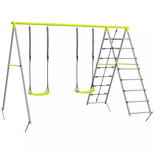 Vaikų sūpynių komplektas, su laipiojimo tinklu ir kopėčiomis, vaikams 3-8 metai, plieno rėmas, žalias