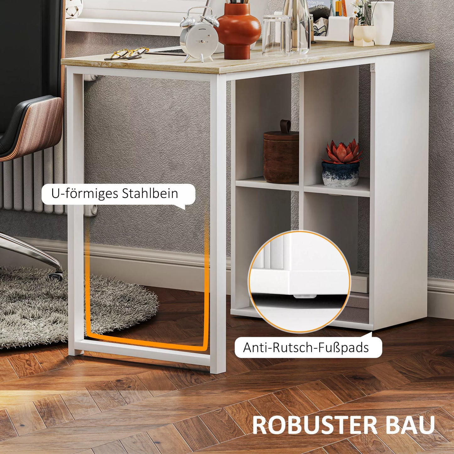 Kompaktiškas kompiuterio stalas, modernus rašomasis stalas su laikymo skyriais, skirtas mažoms patalpoms, 100 x 54 x 75 cm, baltas.