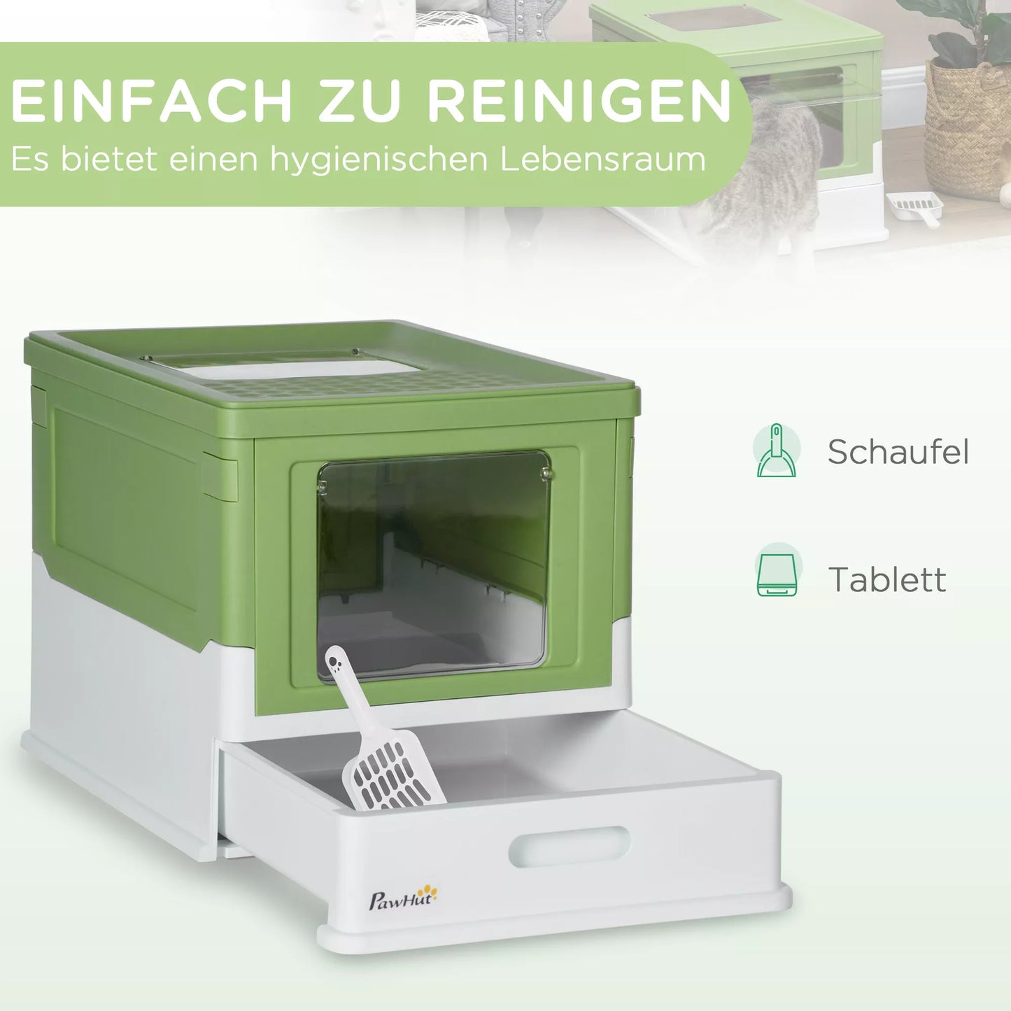 Katės tualetas, sulankstomas, 2 durelės, šepetys, 47,5x35,5x36,7 cm, baltas/žalias