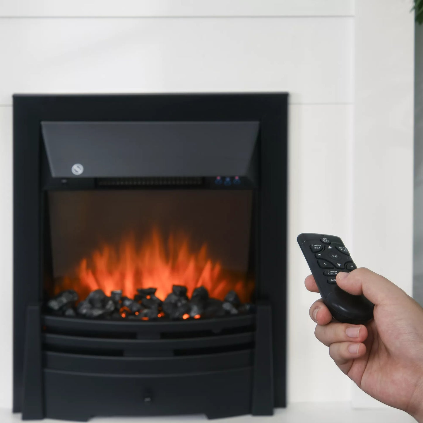 Elektrinis židinys, 2 galios lygiai, nuotolinio valdymo pultelis, laikmatis, realistiškas liepsnos efektas, Juoda+Balta
