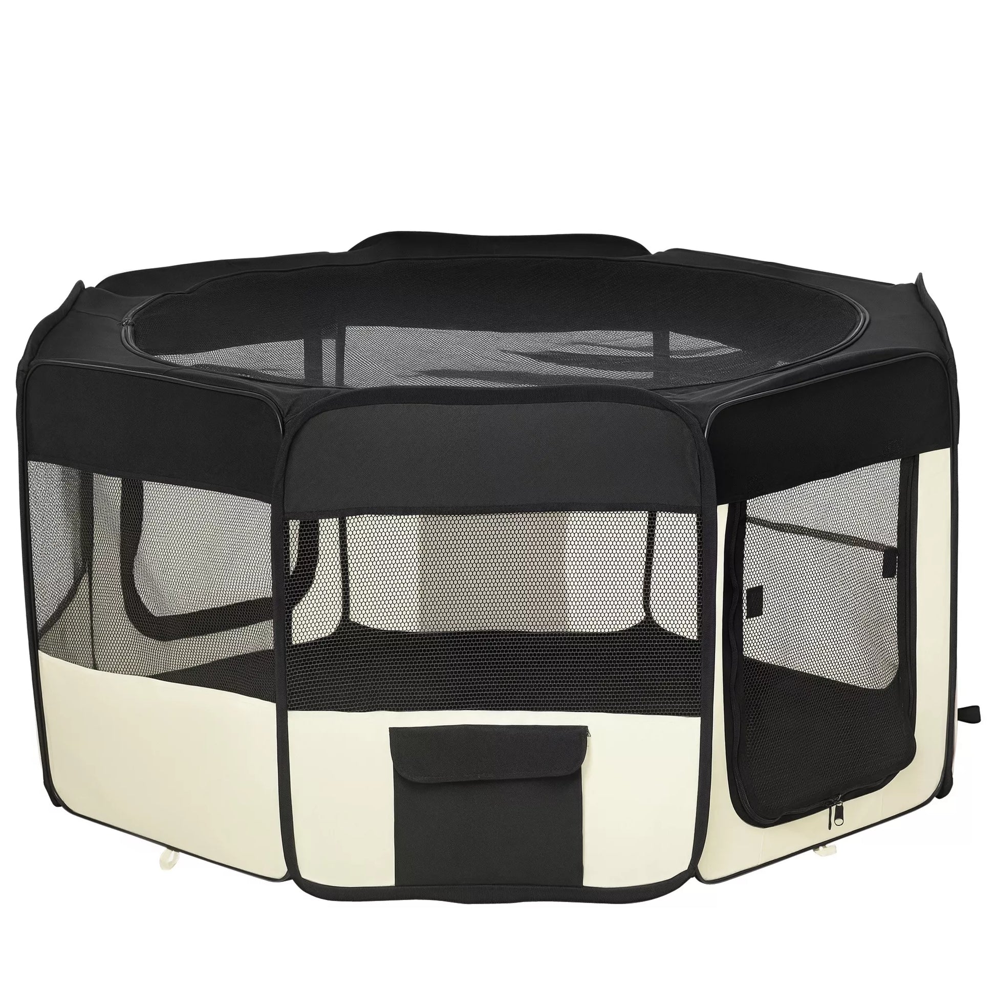 Sulkinys šuniukams, sulankstomas voljeras su tinklelio uždangalu, voljeras šunims, katėms, smulkiems gyvūnams, pralaidus orui tinklinis voljeras šunims, butui, Ø120 x 58H cm Juoda+Kremasbalta