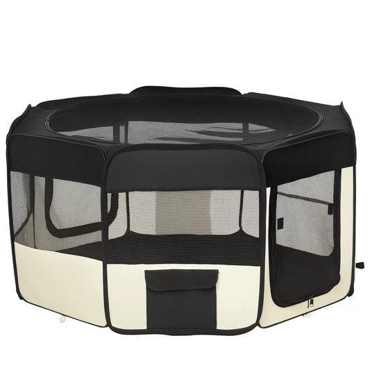 Sulkinys šuniukams, sulankstomas voljeras su tinklelio uždangalu, voljeras šunims, katėms, smulkiems gyvūnams, pralaidus orui tinklinis voljeras šunims, butui, Ø120 x 58H cm Juoda+Kremasbalta