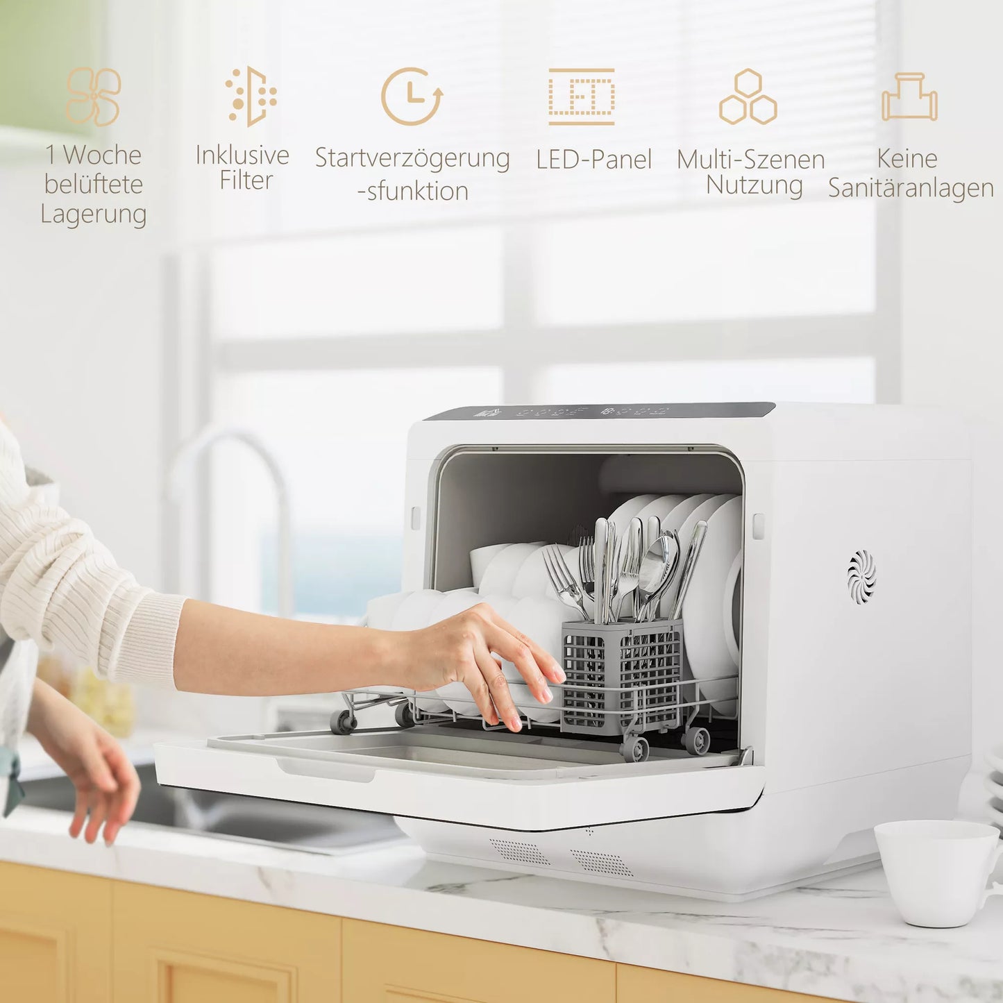 Stalo indaplovė, mini indaplovė su 6 litrų talpa, 5 programomis, LED ekranu, džiovinimo funkcija, balta