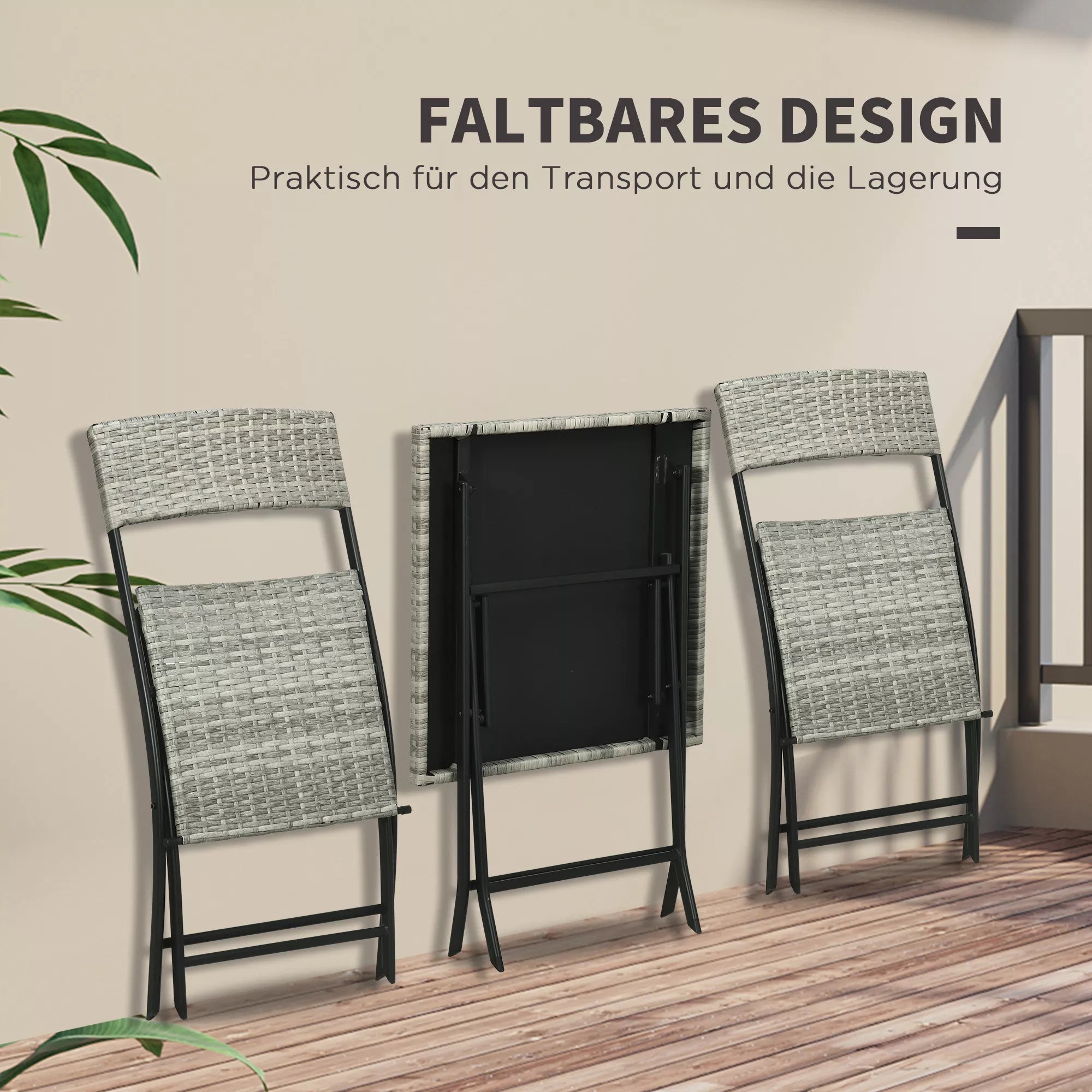 Outsunny 3 dalių sodo baldų komplektas, 2 sulankstomos kėdės, 1 sulankstomas stalas, rotango imitacija, metalinis rėmas, šviesiai pilkas
