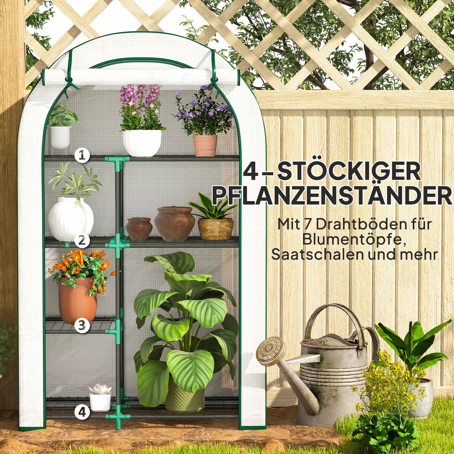 Mini šiltnamis, 4 pakopų šiltnamis su plastikine danga, nešiojamas, su atverčiamomis durimis, 100 x 45 x 160 cm, baltas