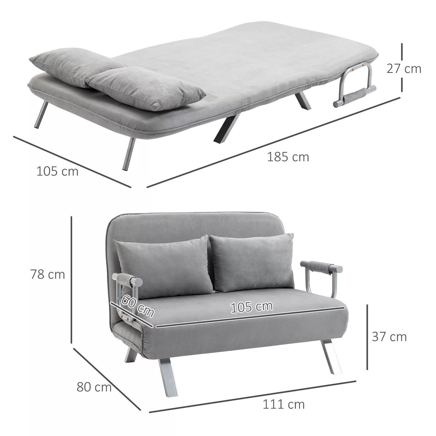 Miegamoji sofa, dvigulė sofa, sofa svečiams, su 2 pagalvėlėmis, pilka
