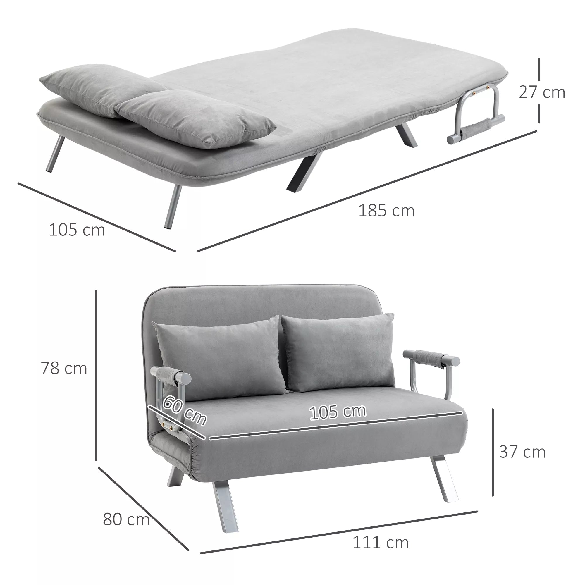 Miegamasis sofos, dvigulė sofa, svečių lova, su 2 pagalvėmis, pilkos spalvos