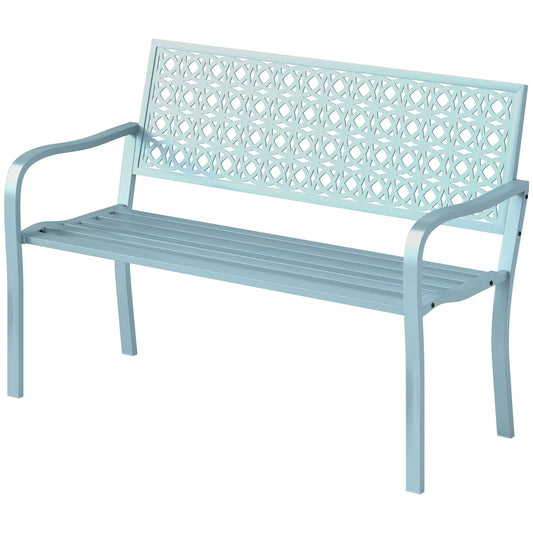 Lauko suolas, sodo suolas iš plieno, iškirptas atlošas, porankiai, 2 asmenims, mėlynas