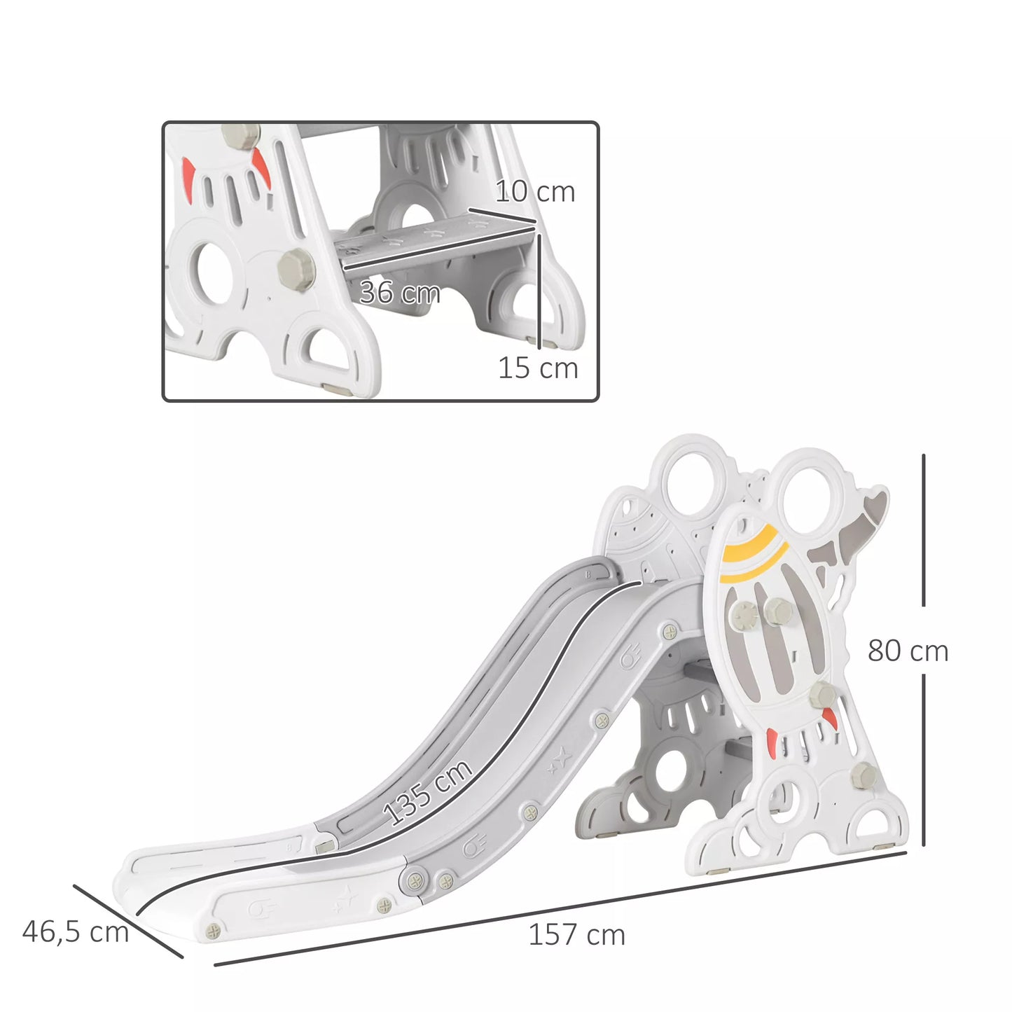 Vaikiška čiuožykla 1,5–3 metukams, raketos dizaino, su lipdukų rinkiniu, pilkos spalvos, 157 x 46,5 x 80 cm