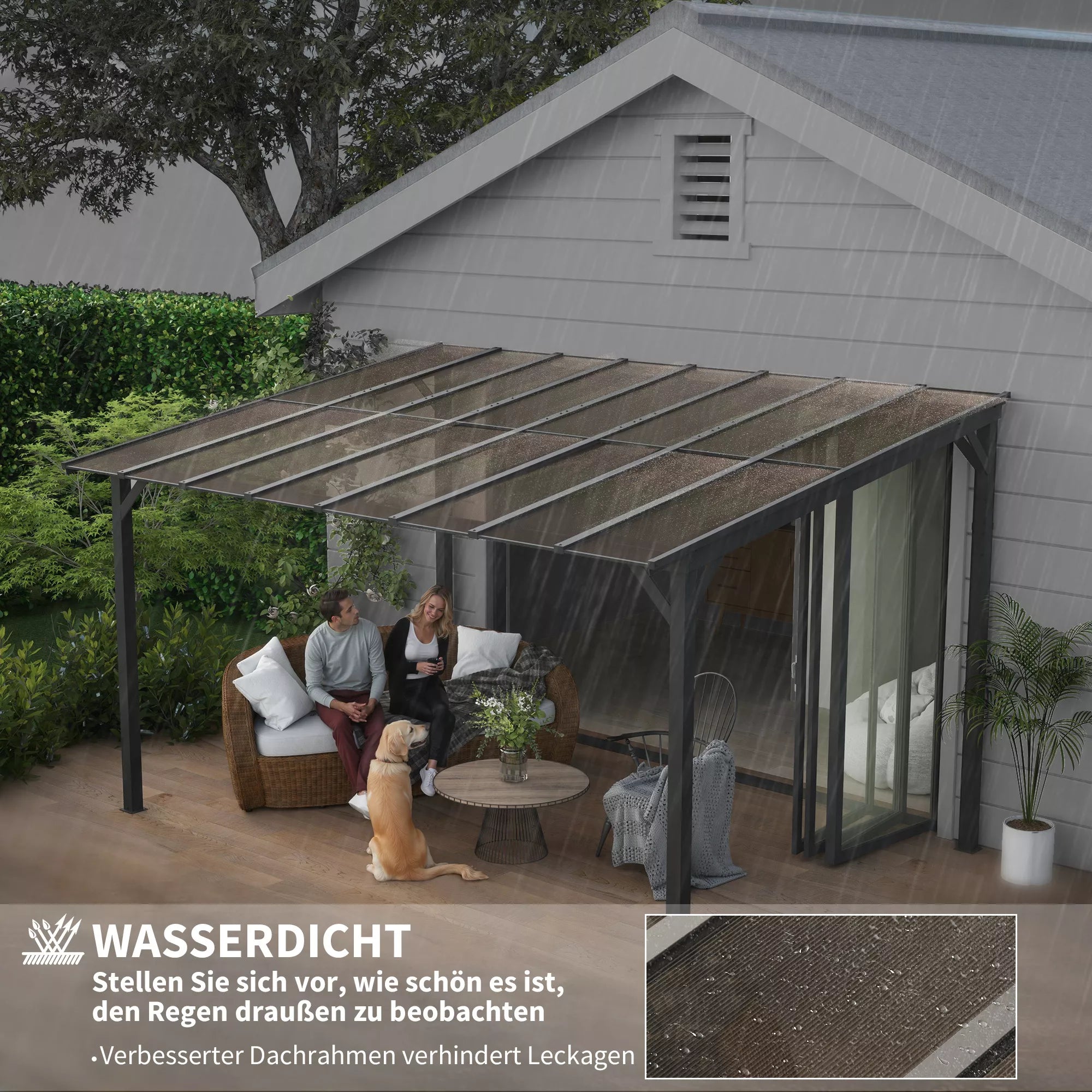 Terasos pergola prie sienos su polikarbonato stogu, aliuminio konstrukcija, 428 x 294 x 258 cm, tamsiai pilka