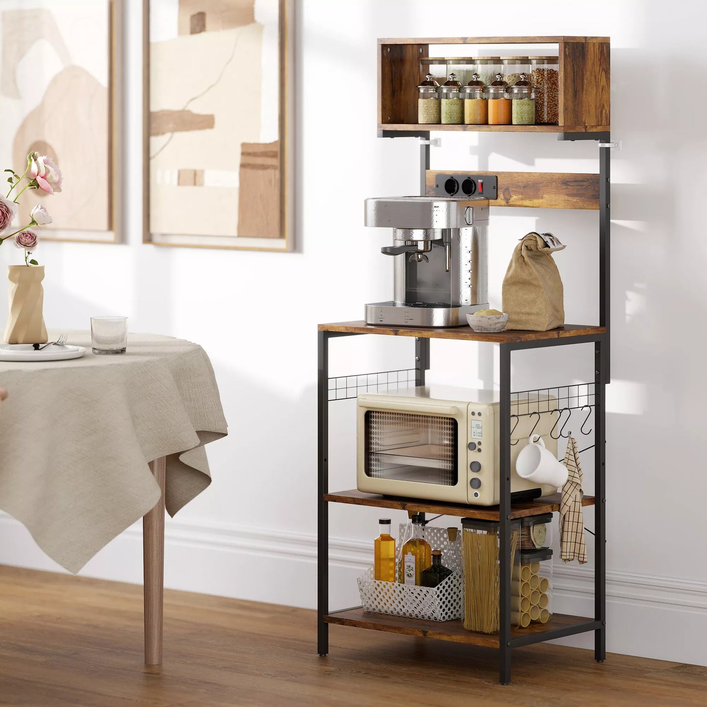 Virtuvės lentynos, stovas su 5 S formos kabliais, 5 lentynomis, rozete, pagamintas iš plieno, rusvos spalvos, 60 x 42 x 153 cm