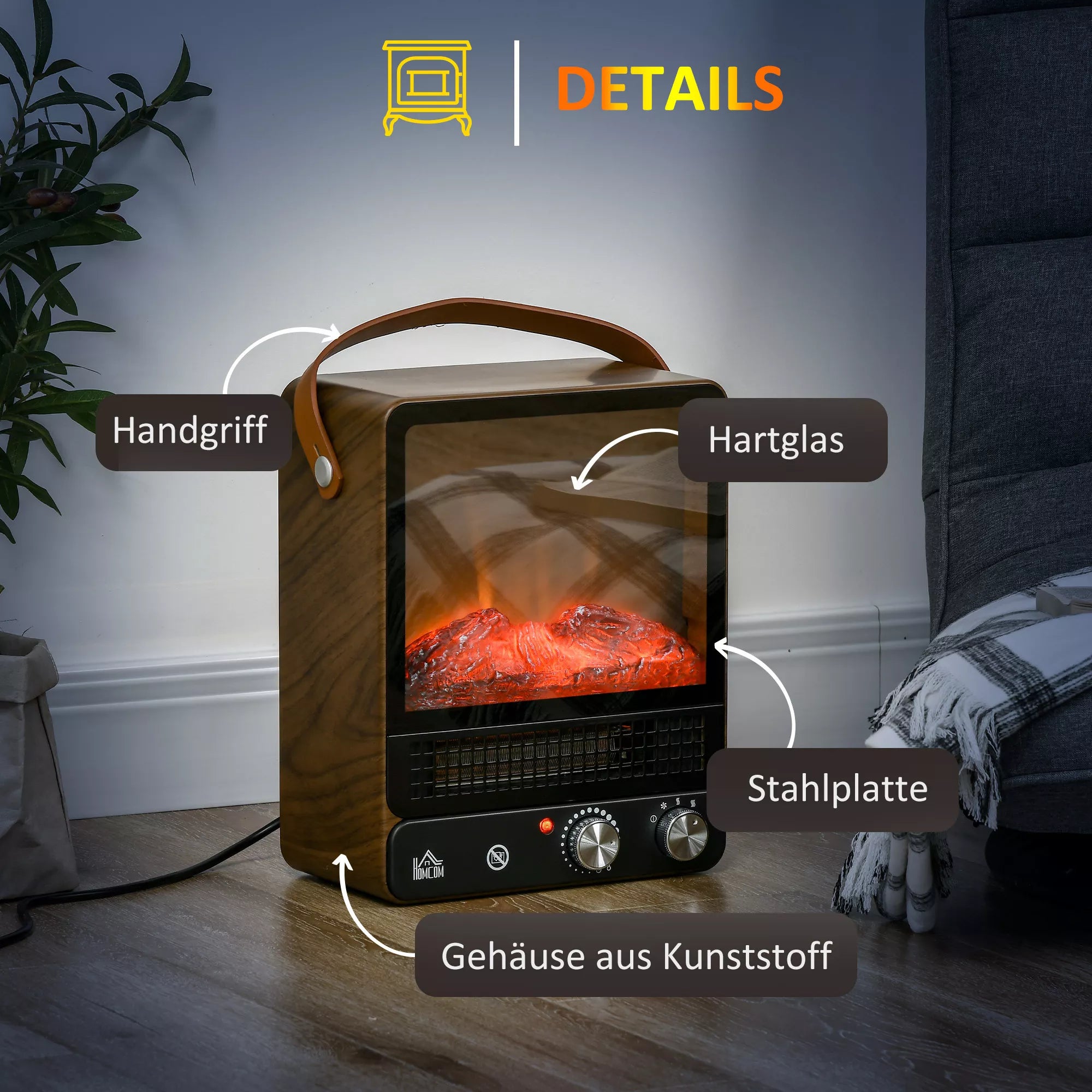 Elektrinis židinys, realistiška ugnis, 2 šildymo režimai iki 50 °C, apsauga nuo perkaitimo, riešuto medžio išvaizda, 30,3 x 17,5 x 37,4 cm