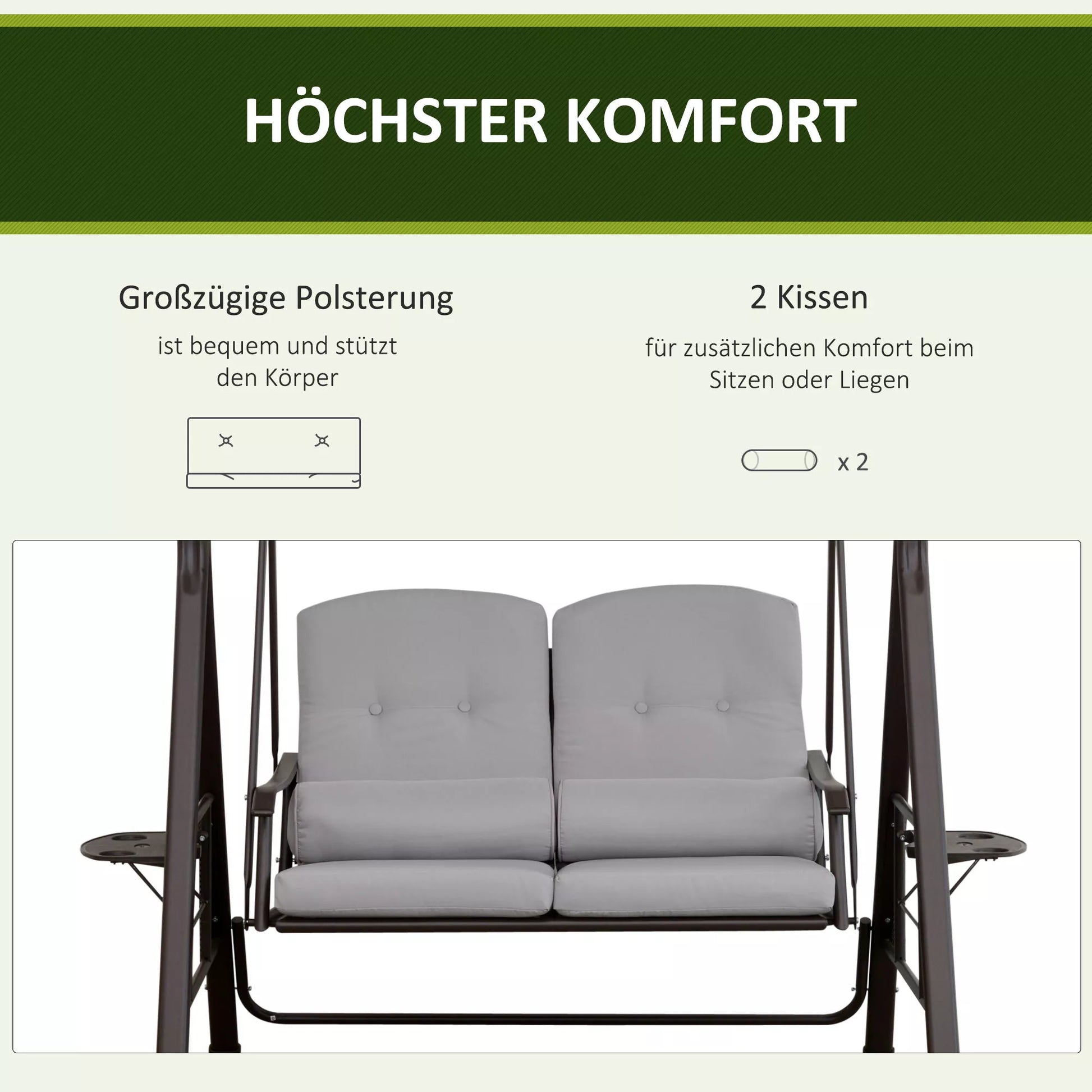 2 vietų Hollywood šūklas Sodo šūklas su saulės stogu Pagalvės Padėklas Metalas Poliesteris Pilka 162 x 118 x 173 cm