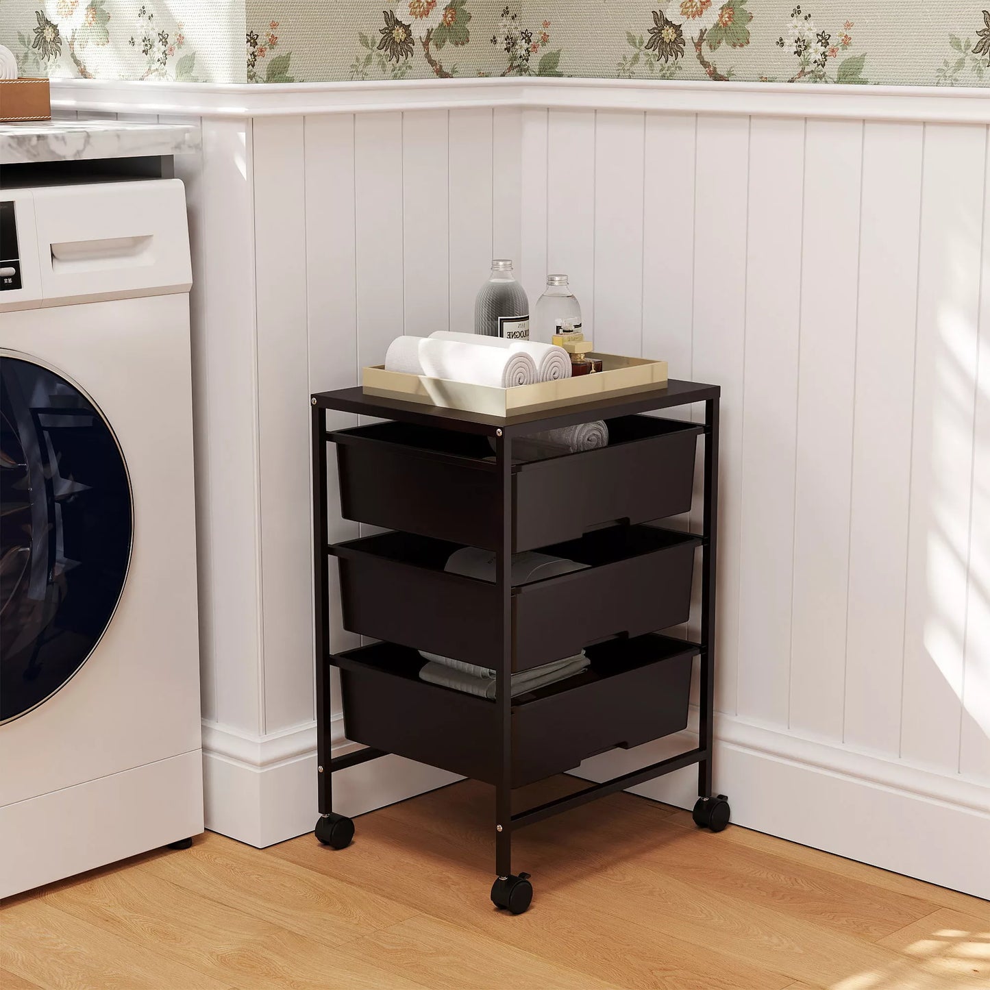 Vežimėlis su ratukais, 3 krepšiai transportavimui ir laikymui, virtuvės vežimėlis, 40,8 ilg. x 33,5 plat. x 60,5 aukšt. cm, juodas