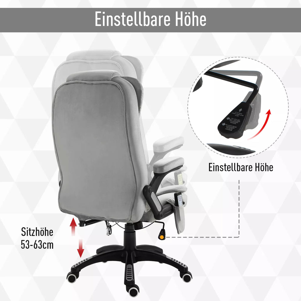Biuro kėdė su masažo funkcija Ergonomiška vadovo kėdė su šildymo funkcija, atlošimo funkcija, supimosi funkcija Reguliuojamas aukštis 360° pasukama Kompiuterio kėdė su šonine kišene, aksomo išvaizda, pilka